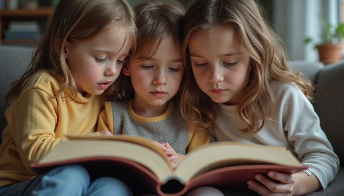 Close-up view of a family reading a book together